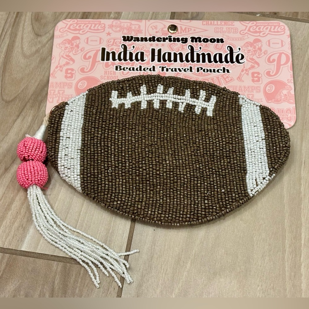 NWT Wandering Moon Brown Beaded Football Pouch with Pink & White Tassel